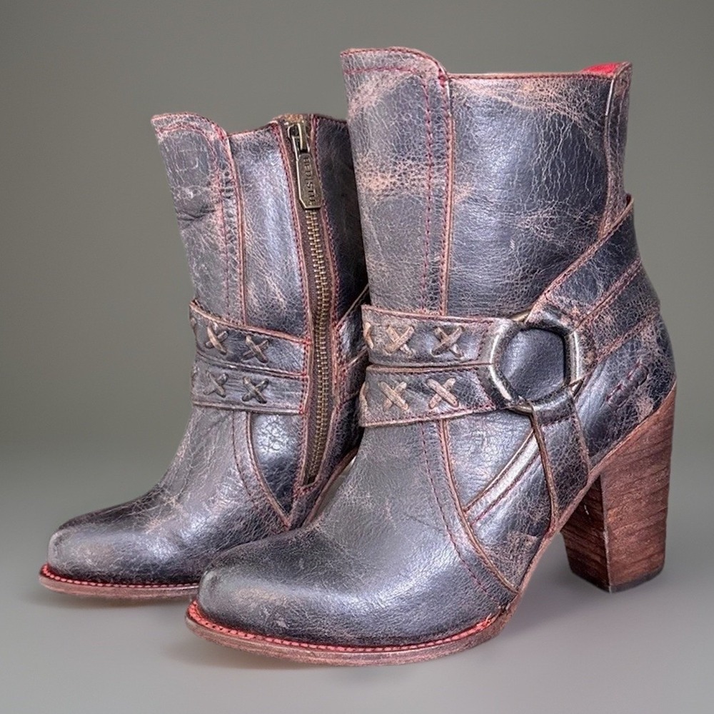 Bed Stu Womens Marjorie Leather Ankle Boots Black Brown Distressed  Sz 6.5